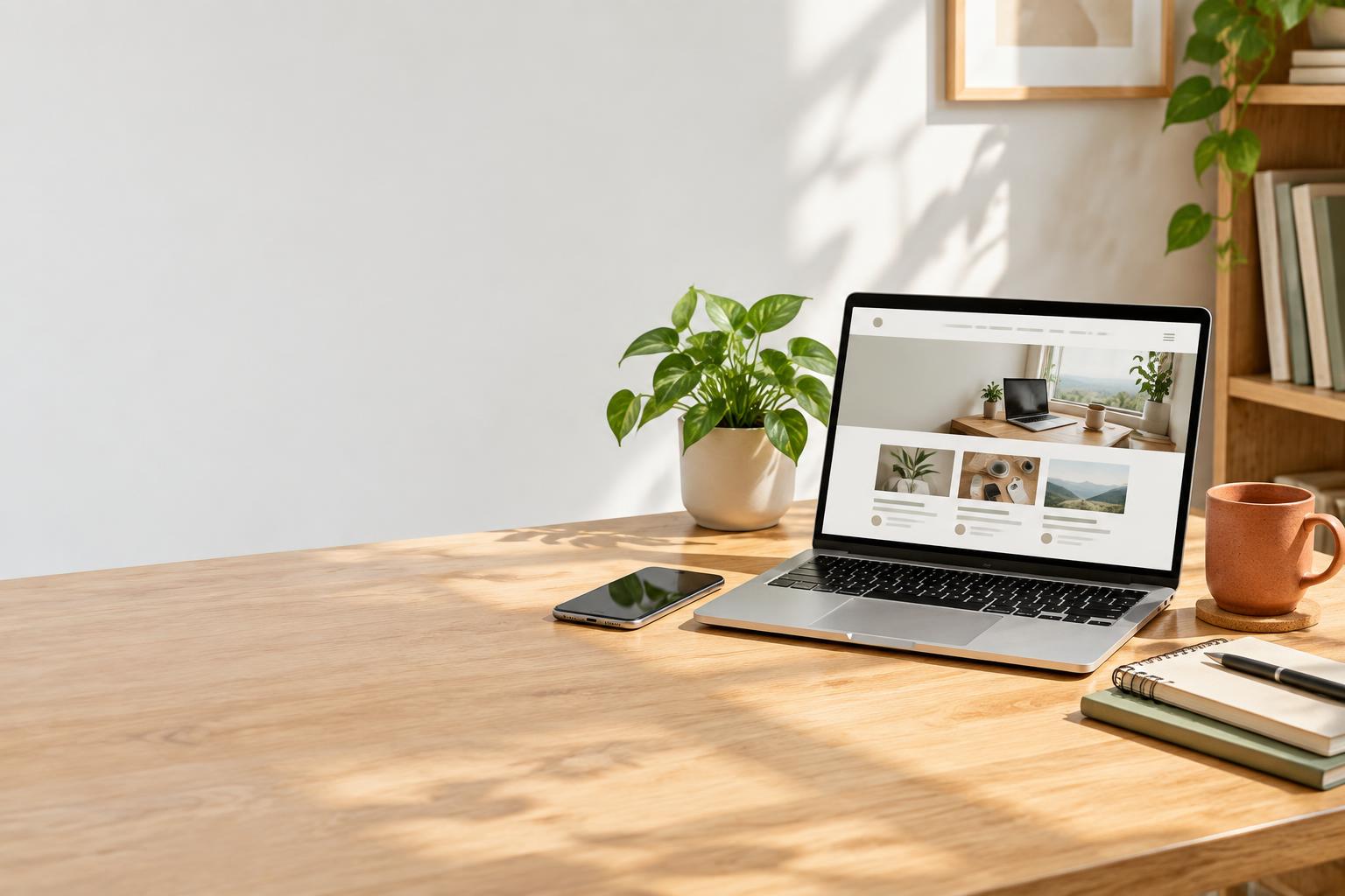 Mesa de trabalho com notebook, site aberto e celular